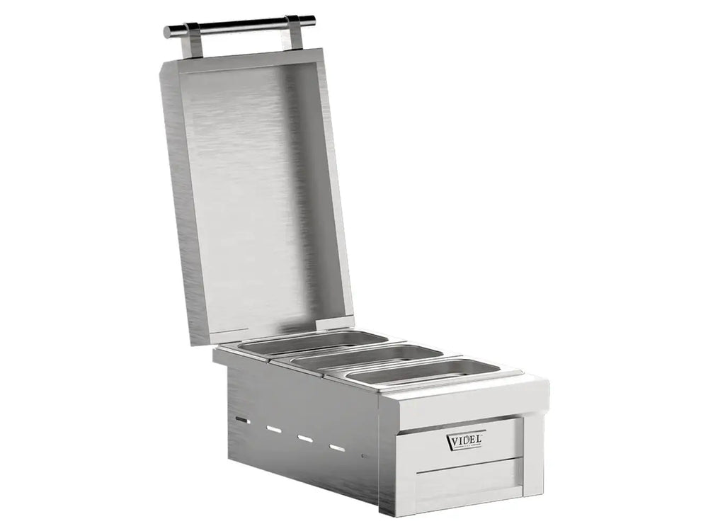 Videl Grills stainless steel food warmer with three removable compartments and lift-up lid for outdoor entertaining