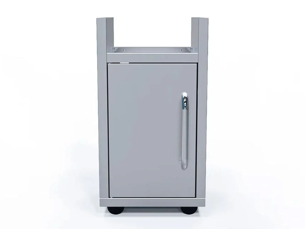 Le Griddle Wee 16" Griddle Cart, front view with stainless steel folding shelves collapsed for compact storage.