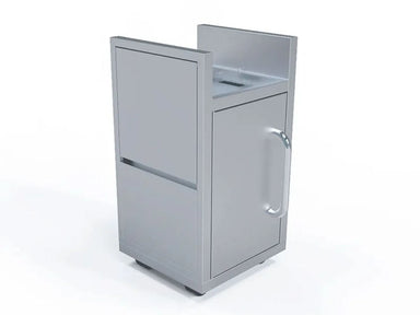 Le Griddle Wee 16" portable griddle cart, angle view showing cabinet door and side shelf compartment.