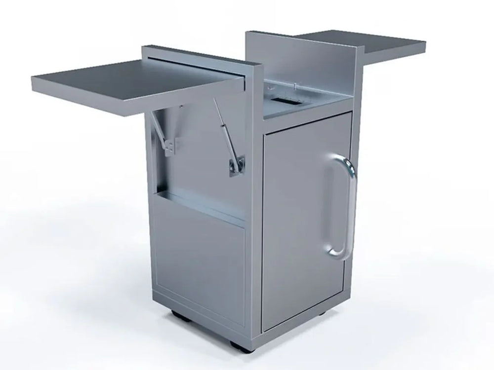 Le Griddle Wee 16" mobile griddle cart, side view showing drop-down shelves extended, on casters for portability.