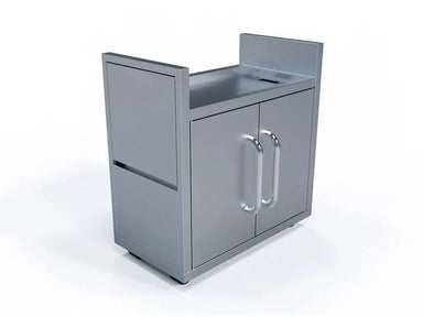 Angle view of Le Griddle 30-inch mobile cart showing large storage cabinet and side shelf compartment.