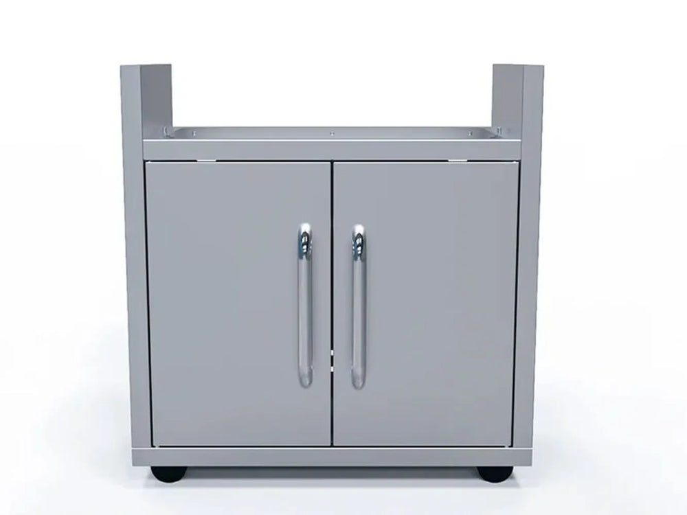 Le Griddle Ranch Hand 30-inch Griddle Cart, front view with stainless steel double doors and shelves folded for storage.