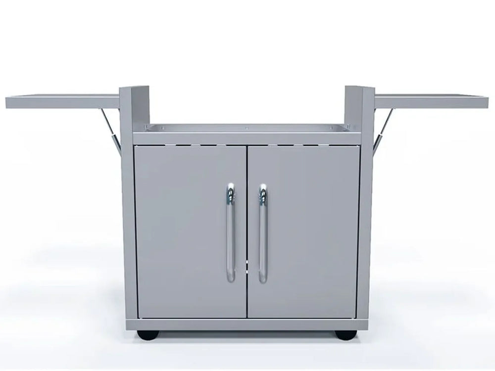 Front view of Le Griddle Ranch Hand 30" Cart with stainless steel drop-down shelves extended, ready for cooking prep.