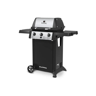 Angled product view of the Broil King Gem 310 portable gas grill with stainless steel hood, three-burner control panel, dual side shelves, compact black cabinet, and mobility wheels