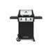 Broil King Gem 310 compact freestanding gas grill, front view with stainless steel lid, three control knobs, black side shelves, enclosed lower cabinet, and wheeled cart base