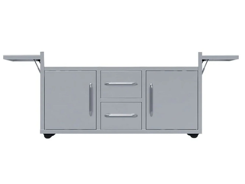 Angle view of Le Griddle 41" Big Texan mobile griddle cart with folding shelves collapsed for space-saving storage.