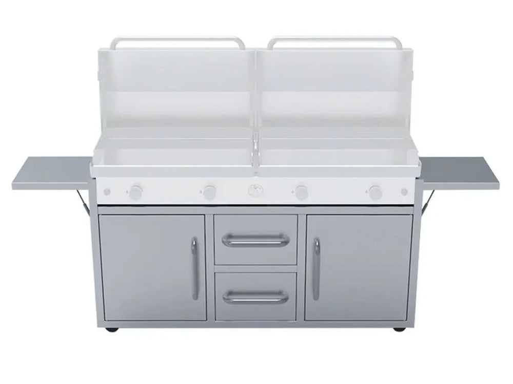 Le Griddle GFCART160 41-inch Cart with cabinet doors open, revealing large interior storage for propane tank and grilling accessories.