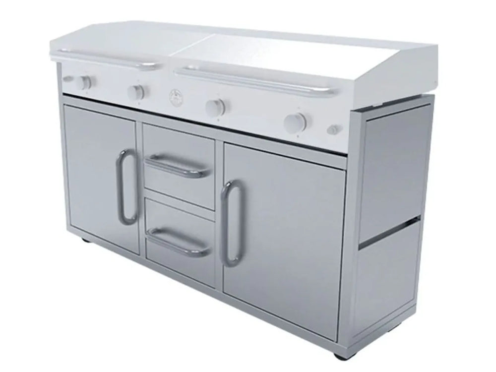 Close-up of the heavy-duty locking casters on the Le Griddle 41-inch Big Texan Cart base, showing the handle.