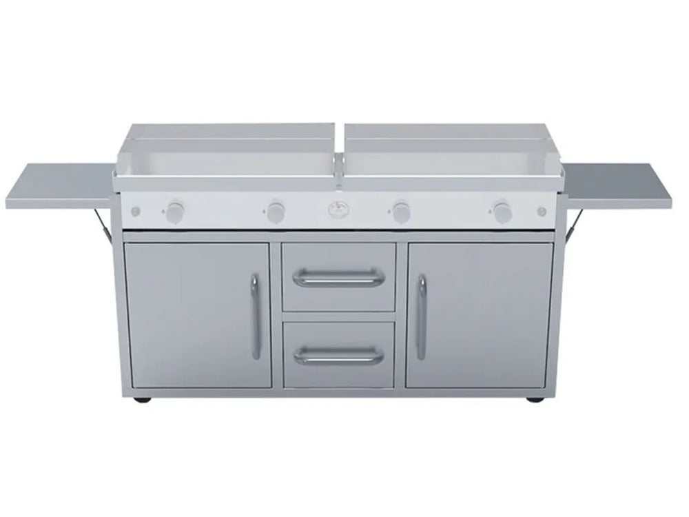 Stainless steel handle and side profile of the Le Griddle GFCART160 Extra-Wide Griddle Cart on mobile casters.