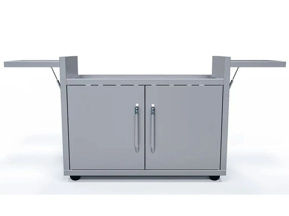 Close-up of the heavy-duty locking casters on the Le Griddle 40-inch Maxi Cart base, showing the cabinet door.