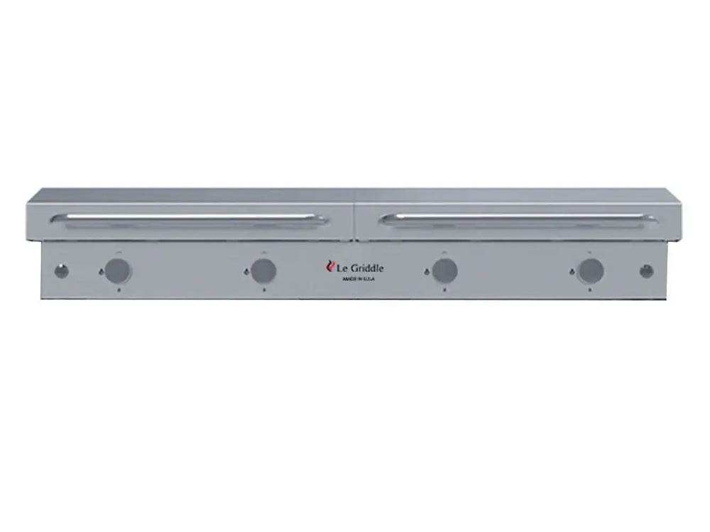 Front view of Le Griddle professional outdoor gas griddle with four control knobs and lids closed