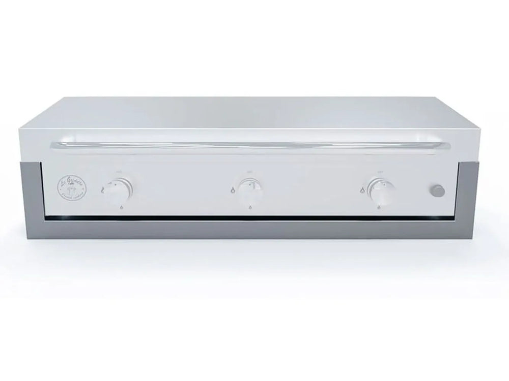 Front view of Le Griddle 41" griddle fully inserted into the insulated built-in safety liner.