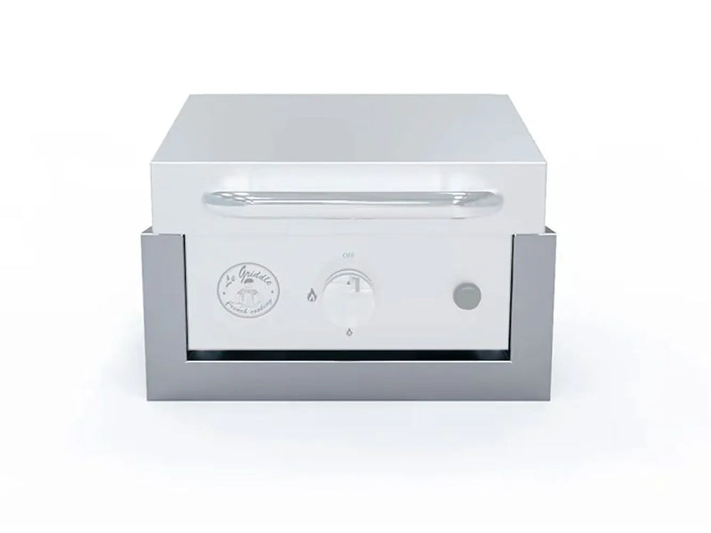 Front view of Le Griddle 16" Wee griddle fully installed in the silver built-in insulated liner trim.