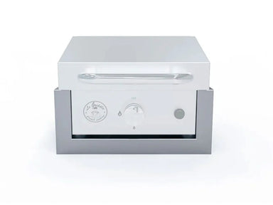 Front view of Le Griddle 16" Wee griddle fully installed in the silver built-in insulated liner trim.