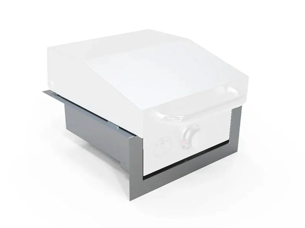 Le Griddle 16" Wee gas griddle being placed into the built-in safety insulated liner, angle view of heat shield.