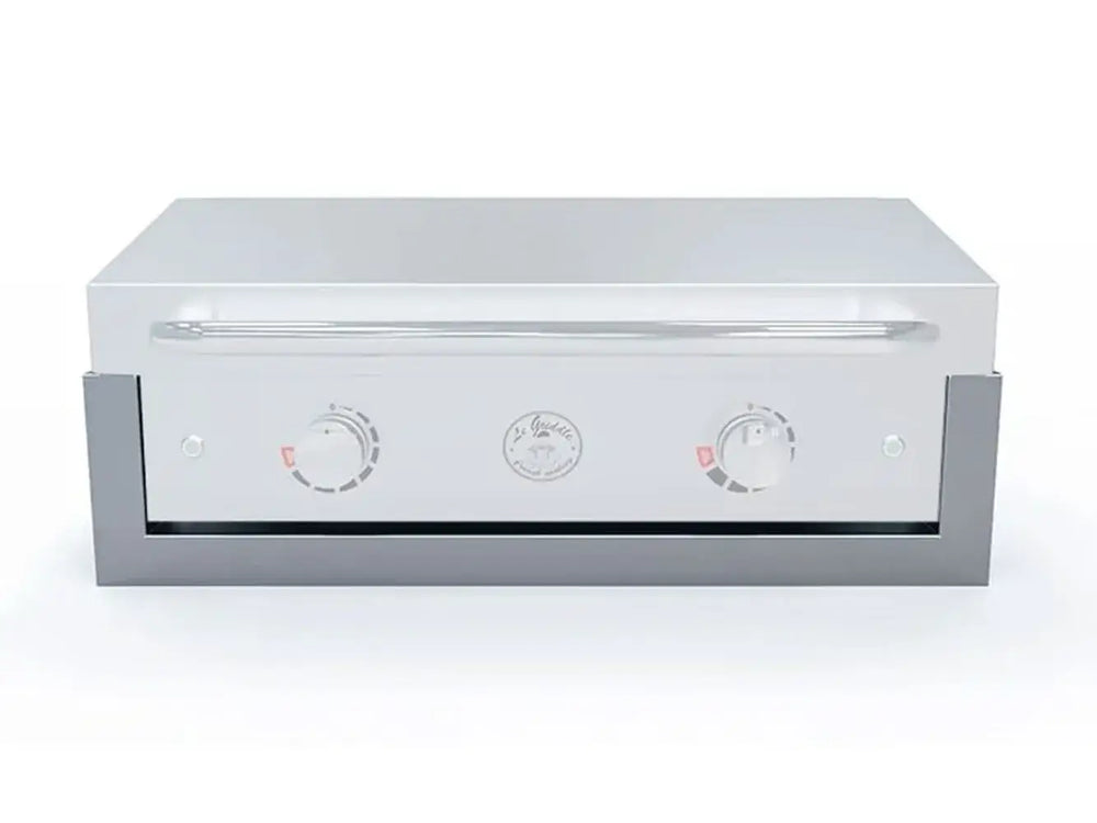 Front view of Le Griddle 30" Ranch Hand griddle fully inserted into the built-in insulated safety liner.