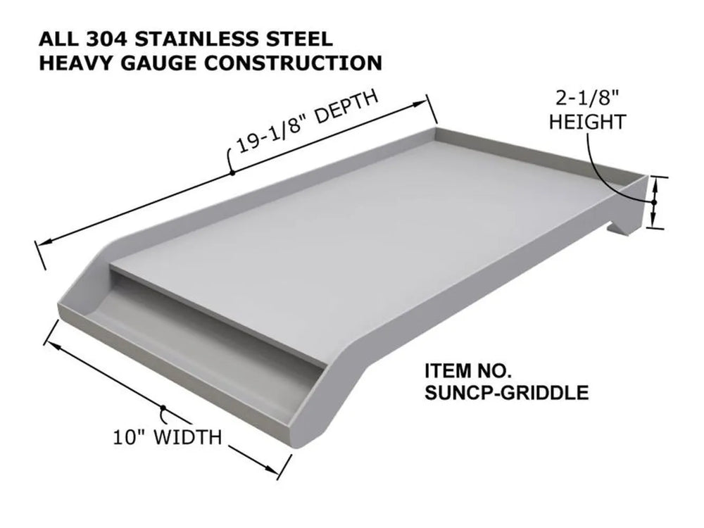 Sunstone SUNCP-GRIDDLE 10" stainless griddle insert with labeled dimensions and height, shown in a size diagram.