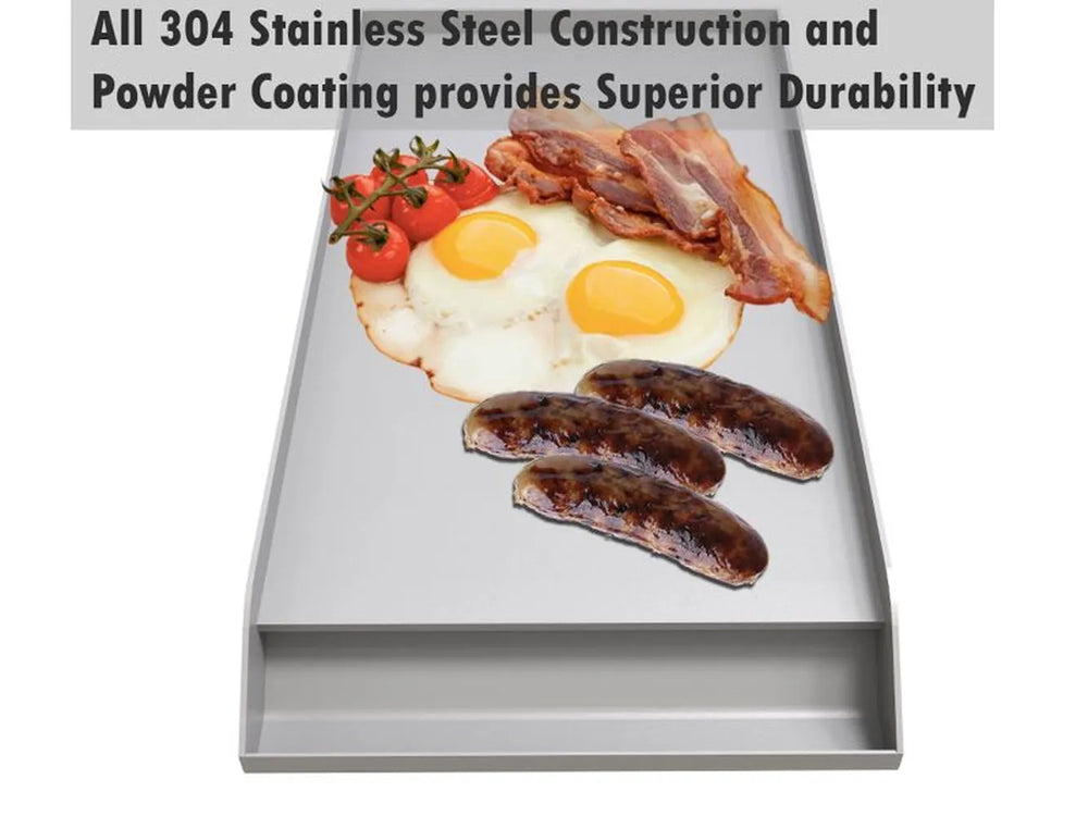 Sunstone stainless griddle with eggs, bacon, tomatoes, and sausages, highlighting 304 stainless steel construction.