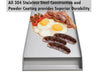 Sunstone stainless griddle with eggs, bacon, tomatoes, and sausages, highlighting 304 stainless steel construction.
