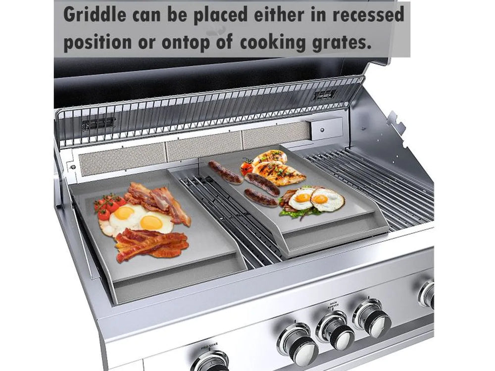 Two Sunstone griddle inserts on a gas grill, cooking breakfast foods; shown recessed or on top of cooking grates.