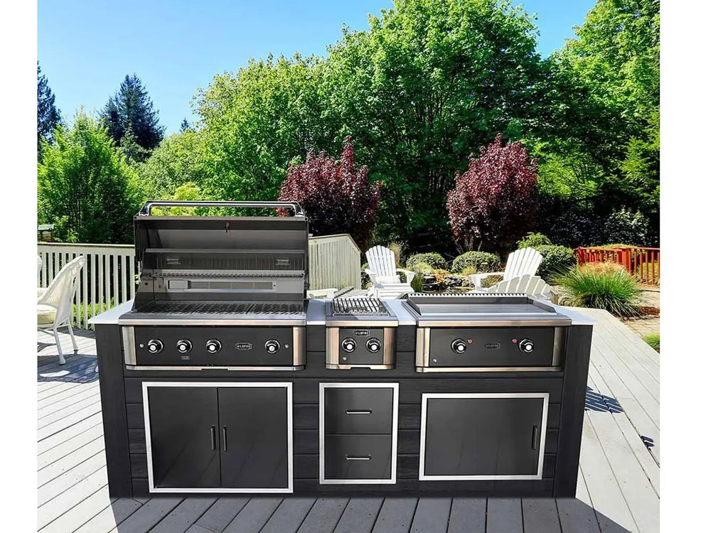 Wildfire Ranch Pro 30-Inch Black 304 Stainless Steel Griddle installed in a luxury outdoor kitchen island setup, featuring a sleek black and silver design with multiple burners and built-in storage cabinets, ideal for backyard cooking and entertaining.
