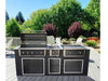 Wildfire Ranch Pro 30-Inch Black 304 Stainless Steel Griddle installed in a luxury outdoor kitchen island setup, featuring a sleek black and silver design with multiple burners and built-in storage cabinets, ideal for backyard cooking and entertaining.