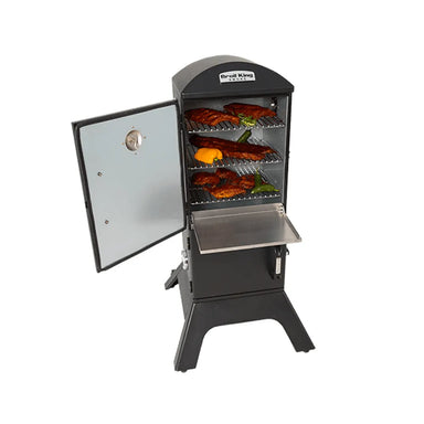 Broil King Vertical Gas Smoker with open front door, three interior racks holding ribs, chicken, and peppers, plus a fold-down access tray on a light gray background.