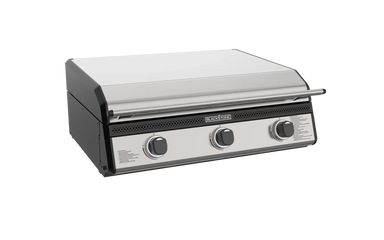 Blackstone 28-Inch Drop-In Griddle with stainless steel hood closed, built for outdoor kitchens and propane configuration