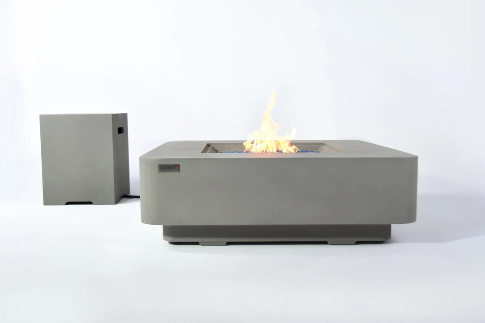 Elementi Plus Lucerne light gray fire table with matching propane tank cover on white background.