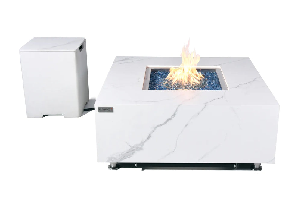 Elementi Plus OFP103BW Bianco fire table shown next to its matching white marble-effect propane tank cover against a white background.