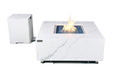 Elementi Plus OFP103BW Bianco fire table shown next to its matching white marble-effect propane tank cover against a white background.