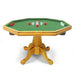 Octagonal bumper pool table with a green felt playing surface, red and white bumpers, and a classic light oak wood finish.