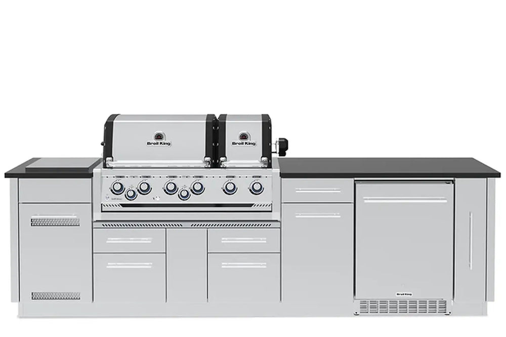 Broil King Imperial S 690iH Smart Grill Island with closed dual stainless steel hoods and cabinet doors, front view.