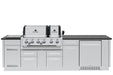 Broil King Imperial S 690iH Smart Grill Island with closed dual stainless steel hoods and cabinet doors, front view.
