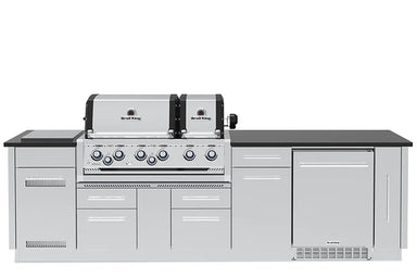 Broil King Imperial S 690iH Smart Grill Island with closed dual stainless steel hoods and cabinet doors, front view.