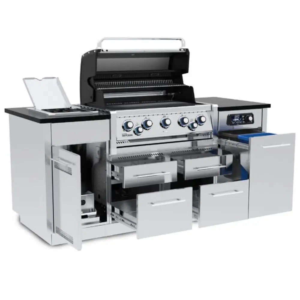Broil King Imperial QS 590i luxury gas grill island with dual open ovens, side burner, and fully extended storage drawers.