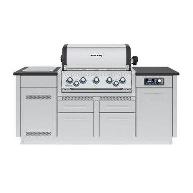 Broil King Imperial QS 590i Smart Grill Island with closed dual stainless steel hoods and cabinet doors, front view.