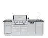 A direct front view of the fully assembled Broil King Imperial QS 590iE Smart Grill Island on a pure white background, showcasing the central built-in gas grill, control panel, sink, and side cabinets.