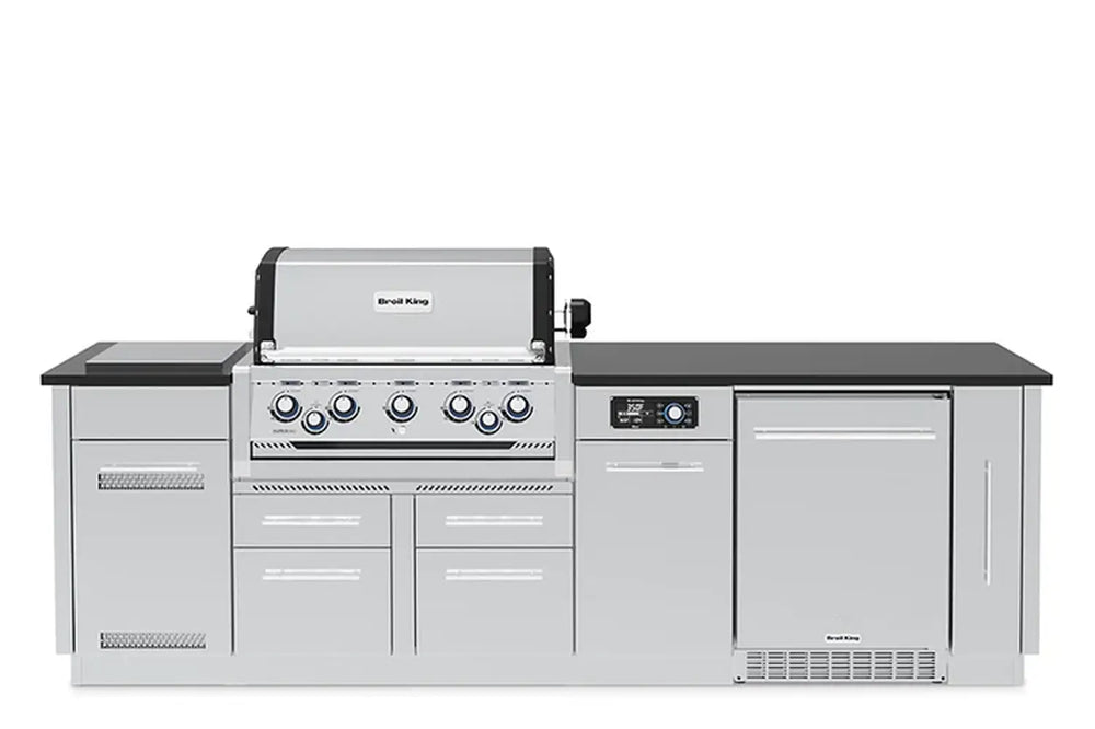 Front view of the fully assembled Broil King Imperial QS 590iF Smart Grill Island with black countertop and stainless steel cabinetry.
