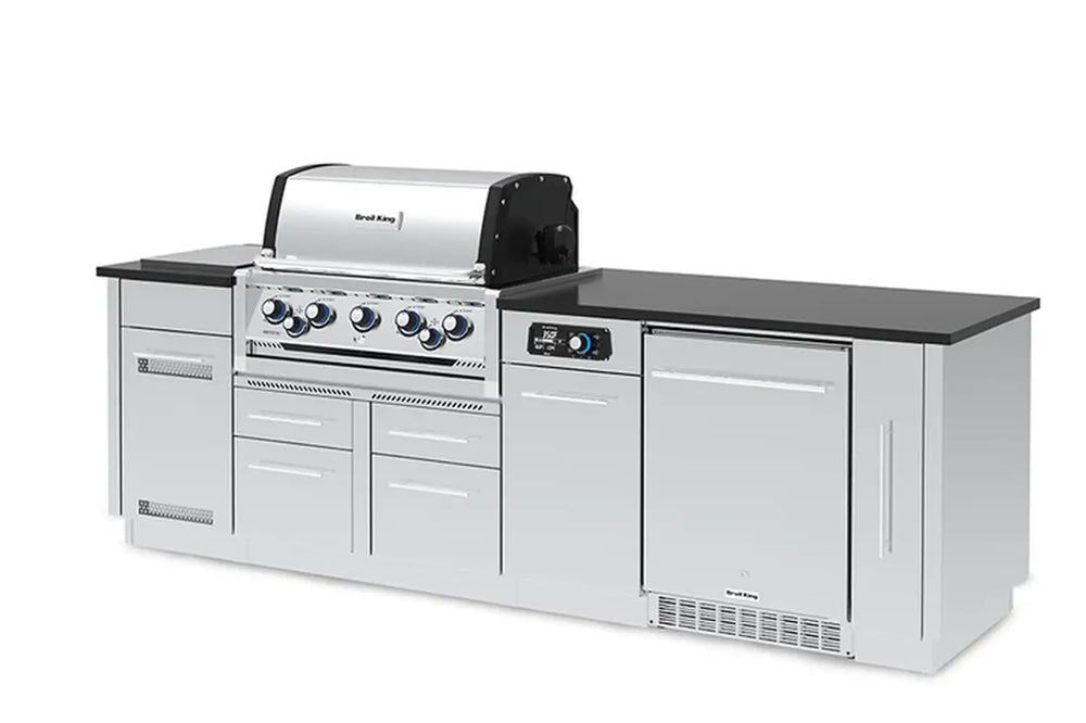 Side view of the Broil King smart grill island featuring the integrated outdoor fridge and iQue digital controller.