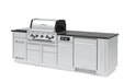 Side view of the Broil King smart grill island featuring the integrated outdoor fridge and iQue digital controller.