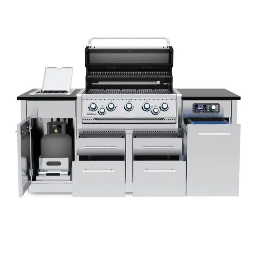 Front view of Broil King Imperial QS 590i outdoor kitchen grill island with open lids, side burner, and pulled-out propane tank tray.