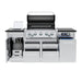 Front view of Broil King Imperial QS 590i outdoor kitchen grill island with open lids, side burner, and pulled-out propane tank tray.