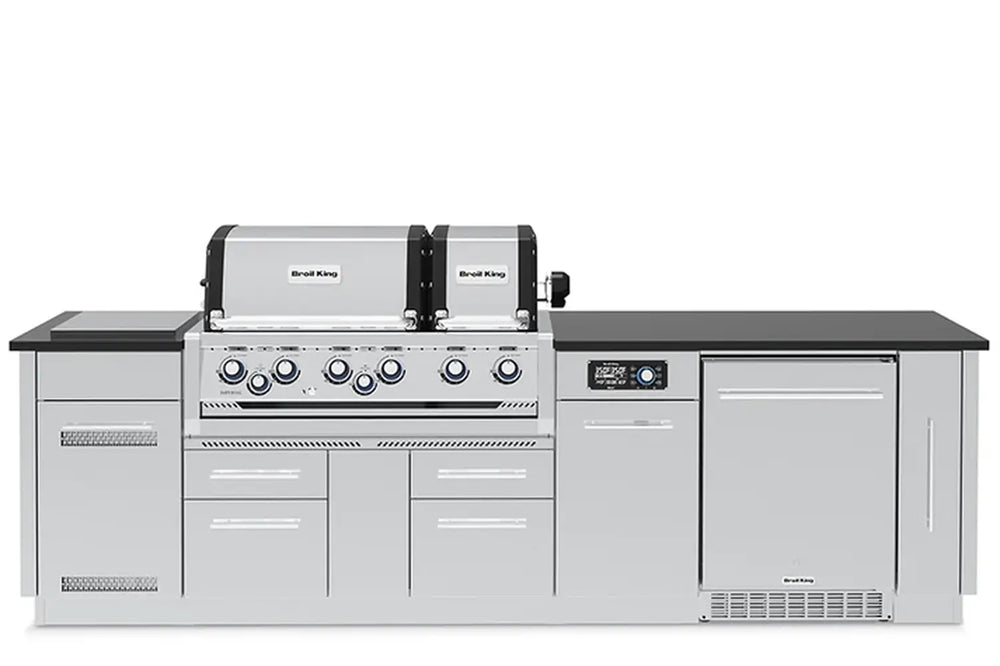 Front-facing view of the assembled Broil King Imperial QS 690iF Smart Grill Island featuring a dual-hood gas grill, digital control panel, and built-in outdoor refrigerator.