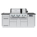 Front view of Broil King Imperial QS 690iE Smart Grill Island with dual stainless steel hoods, black countertops, and closed storage cabinets.