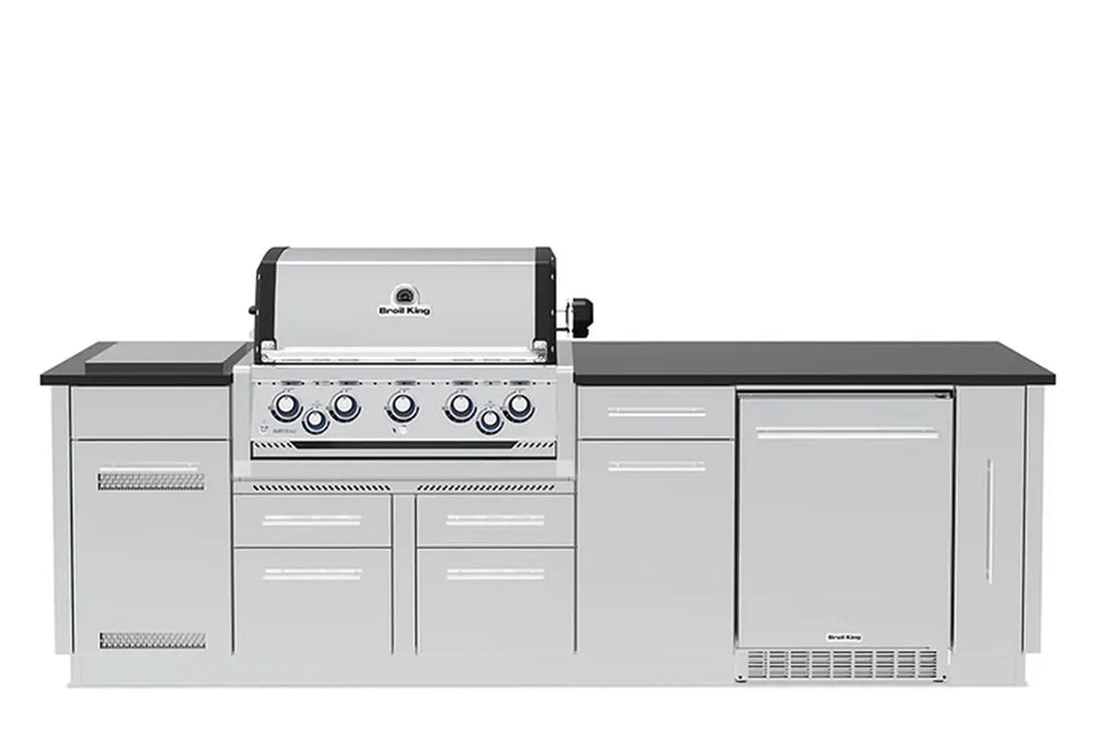 Broil King Imperial S 590iH Smart Grill Island with closed dual stainless steel hoods and cabinet doors, front view.