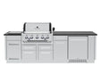 Broil King Imperial S 590iH Smart Grill Island with closed dual stainless steel hoods and cabinet doors, front view.