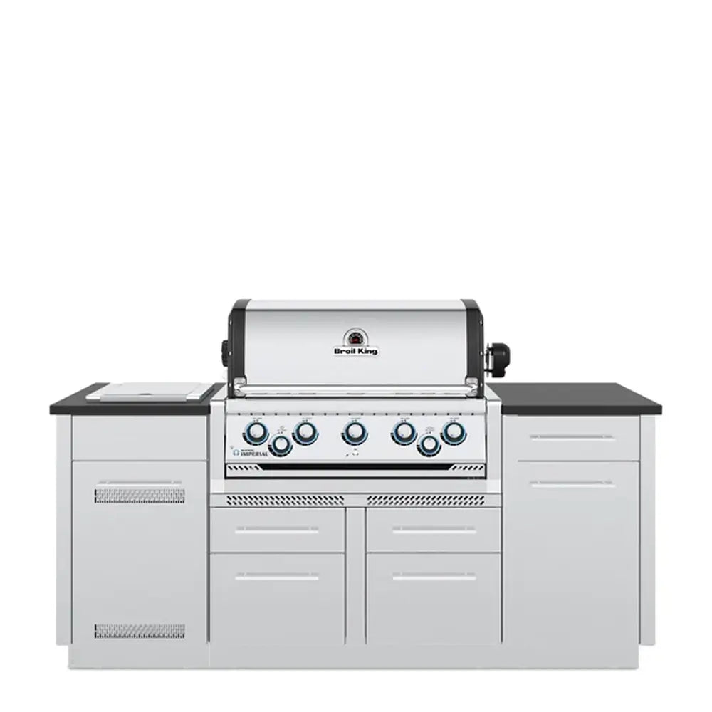 Broil King Imperial S 590ie Smart Grill Island with closed dual stainless steel hoods and cabinet doors, front view.