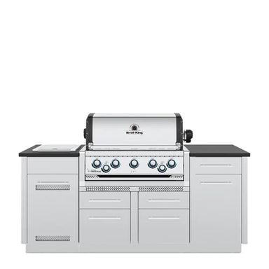 Broil King Imperial S 590ie Smart Grill Island with closed dual stainless steel hoods and cabinet doors, front view.