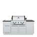 Broil King Imperial S 590ie Smart Grill Island with closed dual stainless steel hoods and cabinet doors, front view.